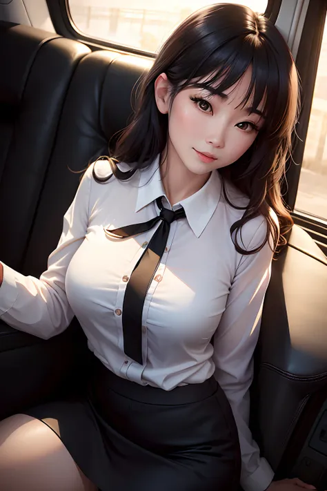 A girl named Jiamin is a mature woman lying on a sofa, ssmile，Wavy black hair, Those who wear skirts, busty figure, Delicate facial features, Realistic picture quality, An Asian woman, Age about 40 years, Surrealist car wide-angle 2886501004