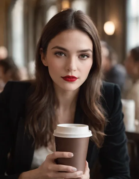 2010s fashion, medium close up, canon ef 85mm f/1.2l ii usm, a woman is sitting with her coffee in a restaurant，（Hands down）， wearing a black jacket and red lips, emphasis on facial expression, street fashion