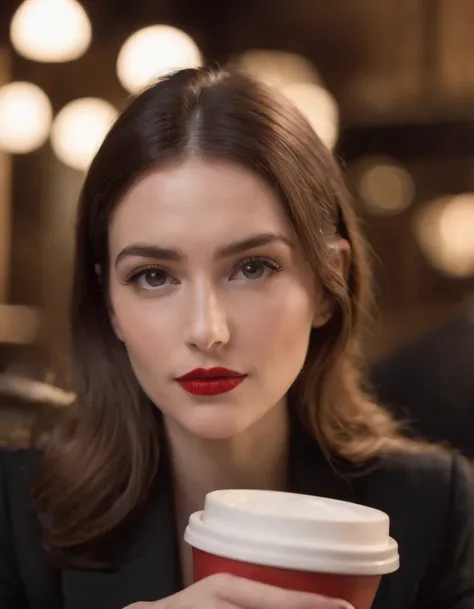 2010s fashion, medium close up, canon ef 85mm f/1.2l ii usm, a woman is sitting with her coffee in a restaurant，（Hands down）， wearing a black jacket and red lips, emphasis on facial expression, street fashion