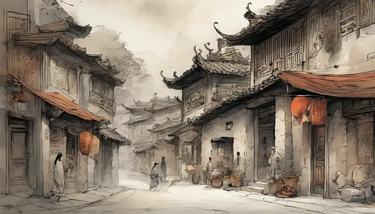 Chinese ink，Oriental ink style，The town street down the hill，of a guy，Roadside streets，Queue up to sell meat，Men work in stores，butcher shop，One-story building，Lower floors，Quadrangle，Courtyard type，super-fine，Carefully portrayed，high qulity，8K，