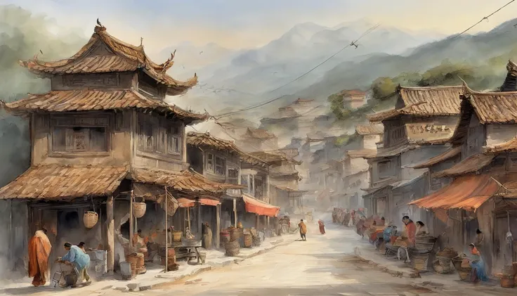 Chinese ink，Oriental ink style，The town street down the hill，of a guy，Roadside streets，Queue up to sell meat，Men work in stores，butcher shop，One-story building，Lower floors，Quadrangle，Courtyard type，super-fine，Carefully portrayed，high qulity，8K，