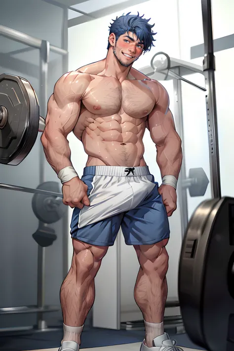 ((one boy)), male focus, short blue hair, stubble, short hair, 1.95 tall, vpl, smiling, blush, frown, topless, shorts, white socks and sneakers, working out, weight lifting, training, masterpies, full body reference, standing, front view, look at the viewe...