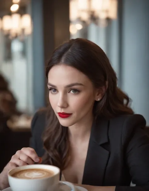 2010s fashion, medium close up, canon ef 85mm f/1.2l ii usm, a woman is sitting with her coffee in a restaurant，（There are no hands in the shot）， wearing a black jacket and red lips, emphasis on facial expression, street fashion