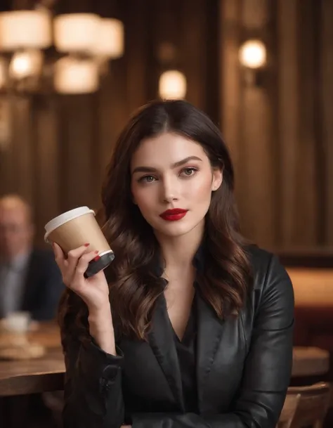 2010s fashion, medium close up, canon ef 85mm f/1.2l ii usm, a woman is sitting with her coffee in a restaurant，（There are no hands in the shot）， wearing a black jacket and red lips, emphasis on facial expression, street fashion