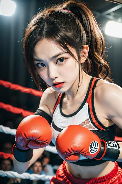 Content: Vivid and realistic image of Eri Kamei dressed in a boxing costume standing in a boxing ring. She wears boxing gloves、、Ready to fight. In the background、A bright boxing ring with ropes and cheering spectators is on display.
Medium: Photography.
St...