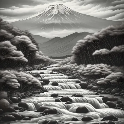 A logo，charactor，Mt fuji，The stream flows smoothly，　simple，black-and-white