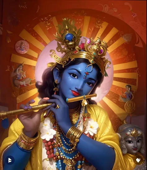 a close up of a person holding a flute in front of a painting, indian god, attractive male deity, vishnu, hindu god, hindu aesthetic, divine god, hinduism, the god of music, avatar image, beautiful goddess, exclusive, profile pic, official, beautiful image...