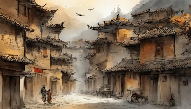 Chinese ink，Oriental ink style，The town street down the hill，One-story building，Lower floors，Quadrangle，Courtyard type，ink and watercolor painting，handpainted，Lines are drawn clearly，super-fine，Carefully portrayed，high qulity，8K，