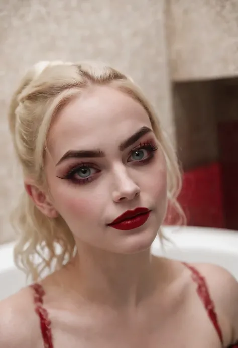 Harley Quinn,  at the bath, pubic hair, showing her , beautiful face, perfect eyes