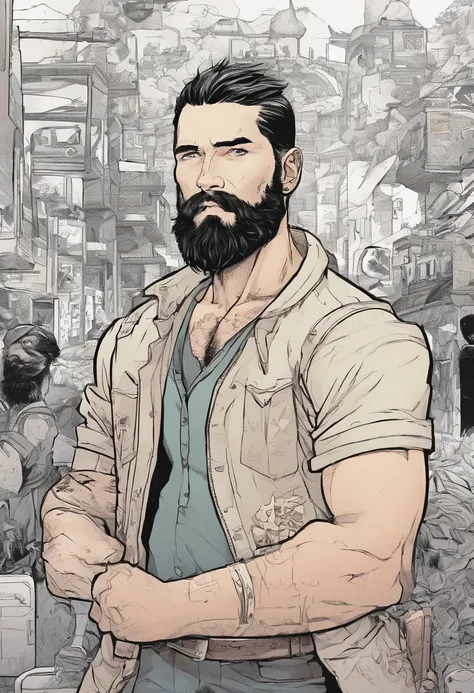 A 30-year-old man with a beard and long chestnut hair with a scar on his left eye and tattooed arms in a post-apocalyptic universe