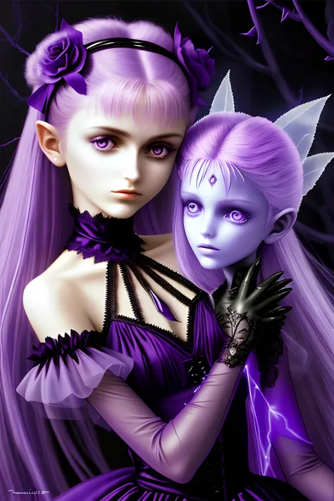 fantchar, a translucent ethereal violet made thorns. preteen fairy goth Paris Hilton with delicate features in a sci-fi setting, glowing from within, sparks and lights, moonlight, moon, close-up, realistic, highly detailed, intricate