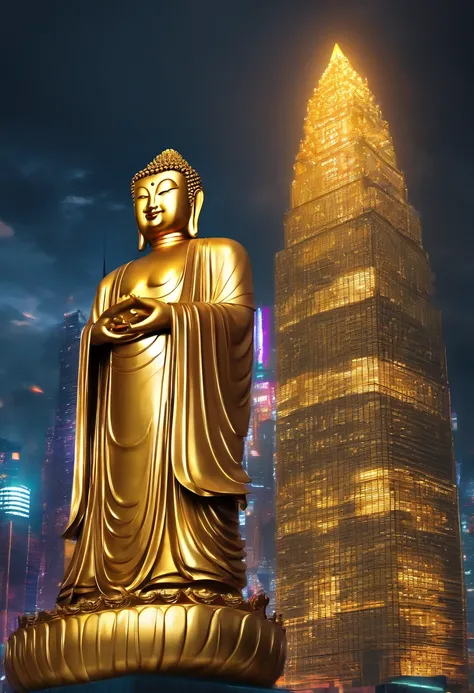 (A towering golden Buddha statue in the distance:1.5),(Silver background:1.2),(photo-realistic:1.4),(Best quality:1.0),(Highly concerned:1.0),8K,RAW photo,(Masterpiece:0.2),Ultra-detailed,(Pilgrims on the road:0.8)