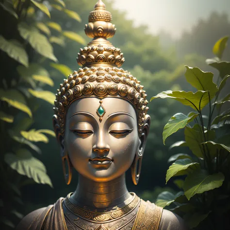 Best quality,8K,A high resolution,Masterpiece:1.2,Ultra-detailed,Sharp focus,Physically-based rendering,professional,Vivid colors,Bokeh,BUDDHA STATUE,Peaceful,serene,scenic landscape,Sunlight illuminating the statue,The gentle breeze rustles the leaves,sur...