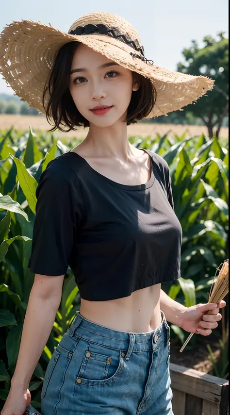 8K，masterpiece，best quality，In the corn field,Very high corn stalks taller than the girl，In the afternoon,very bright sunshine，A girl，Extremely detailed facial details，（shoulder length black straight short hair：1.2），Wearing a straw hat，smile，happy，Her face...