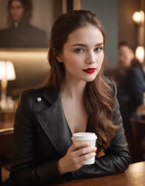 2010s fashion, medium close up, canon ef 85mm f/1.2l ii usm, a woman is sitting with her coffee in a restaurant，（Put your hands under the table）， wearing a black jacket and red lips, emphasis on facial expression, street fashion