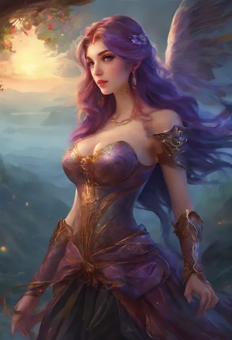 8k, best quality, masterpiece, highly detailed, semi realistic, a girl, young female, 20 years old, absurdly long purple hair, hair between eyes, banks, blue eyes, big breast, cleavage, red lips, gorgeous military uniform, corset, slim figure, cool express...