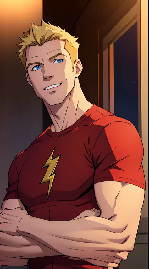 1man, solo, Barry Allen (the Flash), blond hair, muscular male, middle-aged man, male focus, short hair, plain red T-shirt, daytime, cute smile, upper body shot, skycrapers, ((masterpiece)), face focus, blue eyes