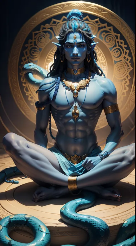 Lord Shiva、Meditating、Bright blue skin、slender、dreds、Wear rosaries on your arms and neck、Wrapping a snake around the neck、Background with、Surrounded by snakes