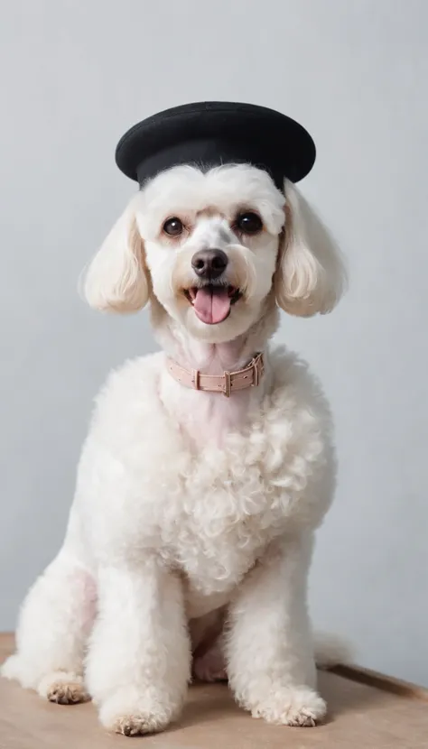 dog stylist dressed in black and beret, cuts the hair of a white poodle, white room, half length shot, high quality photo