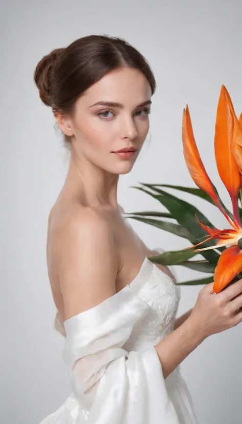 woman in white dress holds some bird of paradise flowers, studio lighting, side shot, white background, bold colors, in the style of ultrafine detail, high quality photo, medium body framing.