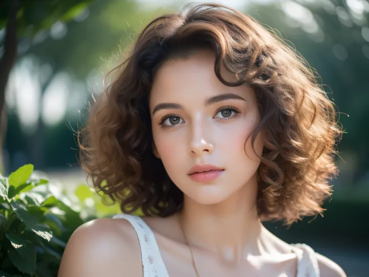 raw photo, rim lighting, two tone light, professional photoportait, closeup of a beautiful young french woman, upper body, curly hair, summer dress, centered, park in background, (highly detailed skin, full sharp: 1.2)