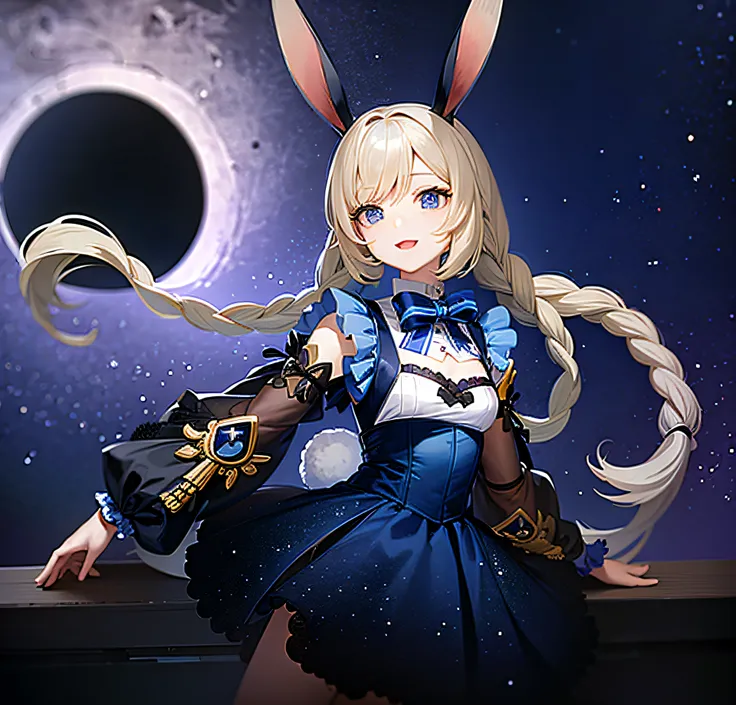 anime girl with long hair and rabbit ears in front of a moon