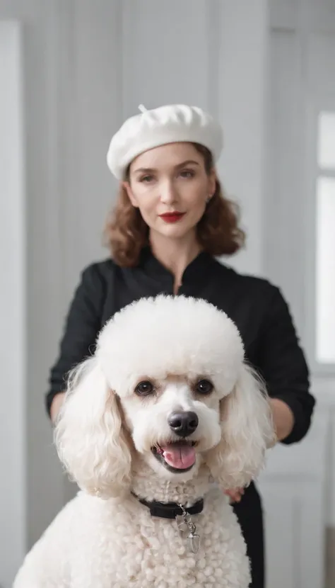 dog stylist dressed in black and beret, cuts the hair of a white poodle, white room, half length shot, high quality photo