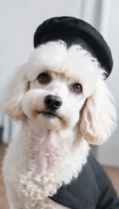 dog stylist dressed in black and beret, cuts the hair of a white poodle, white room, half length shot, high quality photo