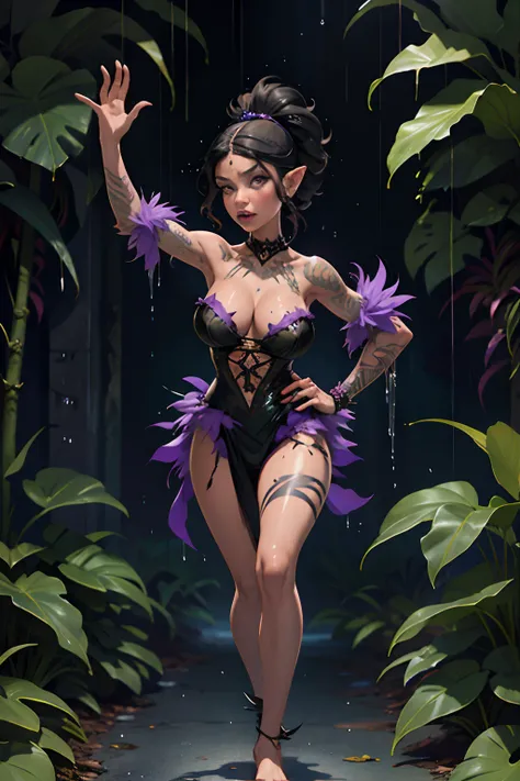 violet made thorns. preteen fairy goth Paris Hilton, [black hair], (savage, jungle, tribal, amazone, wet)_girl, (savage, jungle, tribal, amazone, fur, bones)_(clothes, clothing), tribal_(marks, tatoo), big breasts, barefoot, girl running in fear, rainfores...