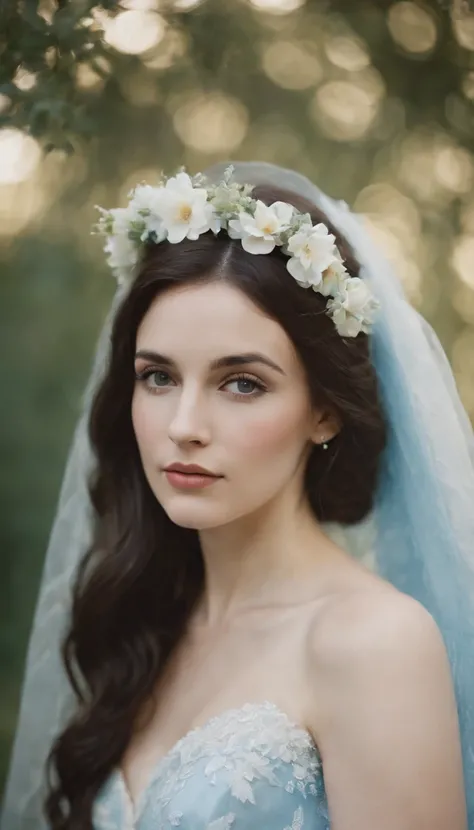 a young black and white bride with flower in her hair by alexander khudson, in the style of light sky-blue and dark azure, marc chagall, light blue and amber, folk/naïve:, loretta lux, photo taken with fujifilm superia, serene faces