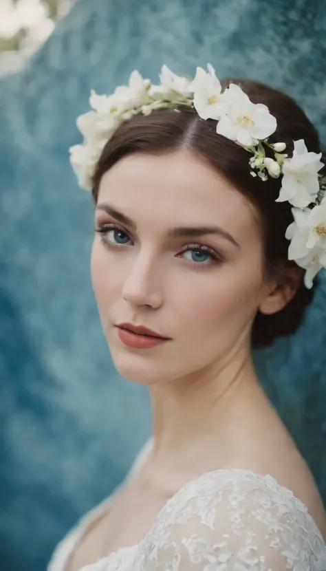 a young black and white bride with flower in her hair by alexander khudson, in the style of light sky-blue and dark azure, marc chagall, light blue and amber, folk/naïve:, loretta lux, photo taken with fujifilm superia, serene faces