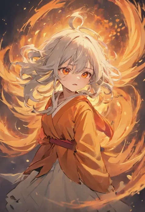 cute adorable girl, with angry kurama yellow and orange version, the little girl with long gray hair and red eyes.