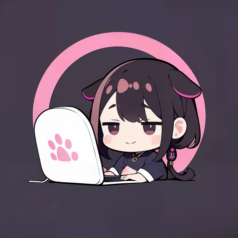 超A high resolution, NFFSW, Best-aesthetic, Best quality, masutepiece, Flat avatar, Perfect litthing、(extremely colorful、vivd colour: 1.4)、A dog、Im using a computer, Has iridescent hair,　is shy, A smile, hair adornments, tchibi, simple background, 耳Nipple R...