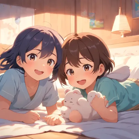 Heartwarming scene of two cute babies, Boy and girl, Participate in friendly matches. Their chubby cheeks were flushed with excitement，laughingly，Roll playfully on a soft blanket. Soft natural light enters the room., Create a warm and comfortable atmospher...