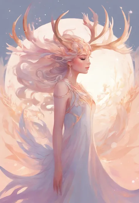 character creation, negative space, a cute girl with abstract wings, with stag horns, fantasy, with pastel colors, pure white background,