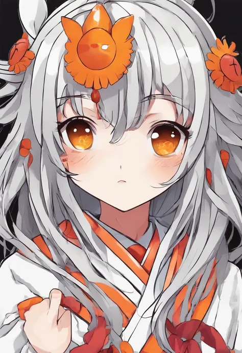 cute adorable girl, with angry kurama yellow and orange version, the little girl with long gray hair and red eyes.