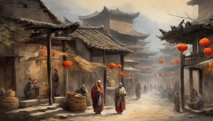 Chinese ink，Oriental ink style，The town street down the hill，of a guy，Roadside streets，Queue up to sell meat，Men work in stores，butcher shop，One-story building，Lower floors，Quadrangle，Courtyard type，super-fine，Carefully portrayed，high qulity，8K，