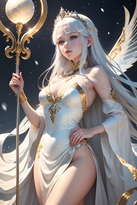 Peerless face, silver hair inlaid with a golden crown，Holding a golden avant-garde staff，Dressed in a crisp white evening dress，Snow-white skin，Like a fairy，Dance，In heaven