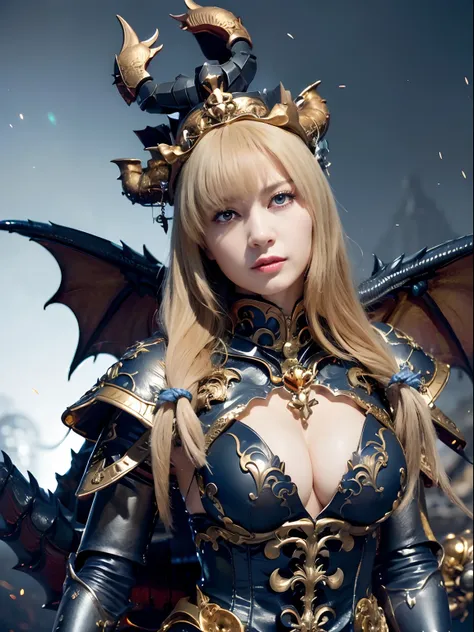 Professional , ​masterpiece、top-quality、photos realistic , depth of fields 、（Dragon Black Metal Body:1.９),(Matte Blue Black、(Night World)、（cleavage of the breast）、Dragon Gold Weapon、（Micro Bikini Armor:1.４),Gorgeous gold weapons ,（Fight dragons）、Seductive ...