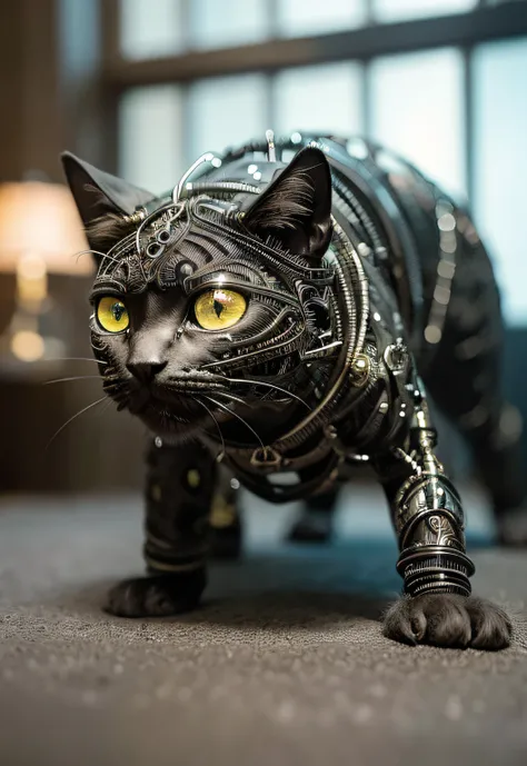 A blak kitten made out of metal, (cyborg:1.1), ([tail | detailed wire]:1.3), (intricate details), HDR, (intricate details, hyperdetailed:1.2), cinematic shot, vignette, centered