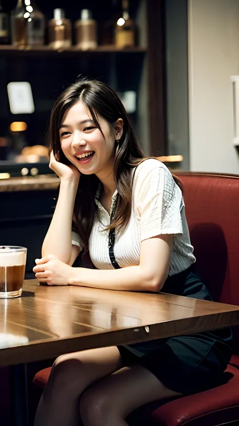 (Masterith,High Quality),in a coffee shop、Woman enjoying café,Looking here,age 30s,Beautiful,Laughing,((Sit in a chair and drink coffee)),((FULL BODYSHOT))