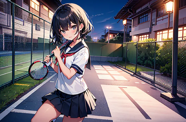 Arafe girl in skirt playing tennis on dirt court, Japan school uniform, a girl playing tennis, japanese girl school uniform, wearing japanese school uniform, badminton, of a schoolgirl posing, Playing tennis, leg shot, ikki tousen, wearing skirt and high s...