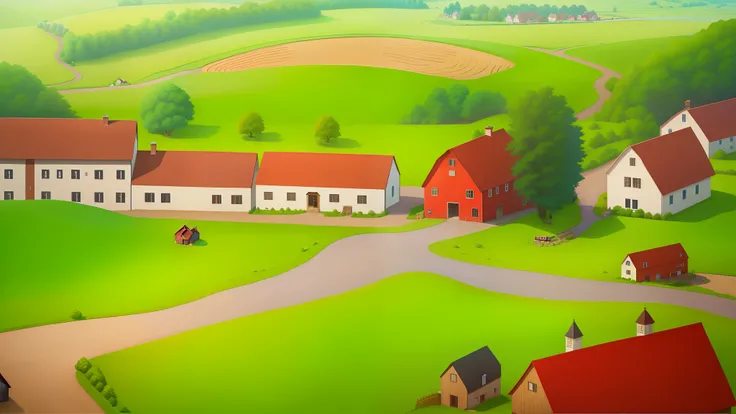 There is a picture of a cartoon farm with a red barn, small town surrounding, town center background, residential area, house and road, small village, 2 d overhead view, town background, countryside city scene, view over city, Detailed 2D illustration, Hou...