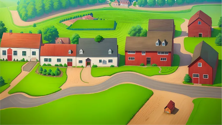 There is a picture of a cartoon farm with a red barn, small town surrounding, town center background, residential area, house and road, small village, 2 d overhead view, town background, countryside city scene, view over city, Detailed 2D illustration, Hou...