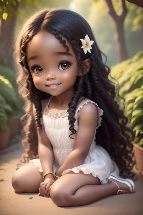 chibi 1 African children dark brown skin:5, cute smile, sitting ((full body))) "various emotions" realistic shadows, sparkling eyes, detailed skin, slightly shiny greenish brown eyes, pose for photo, long curly black hair, flowers in hair, rapunzel style, ...