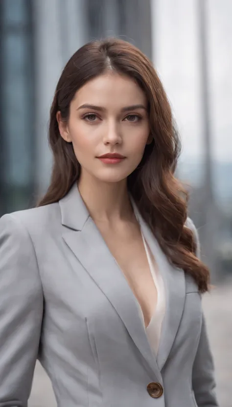 woman joven in light gray modern suit poses boldly, poses dynamically, vibrant colors, high quality photo, canon eos 5d mark iv, 75 mm f/1.8