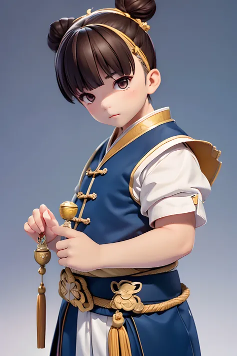 POP MARTS SUPER CUTE LITTLE BOY IP, Libido boy，Libido boy，Short hair，Chinese Peking Opera elements, With a tuft of hair in a bun, A chubby face, Brown hair, Holding a piece of steel in his hand, Chinese style, full bodyesbian, Clean background, Studio ligh...