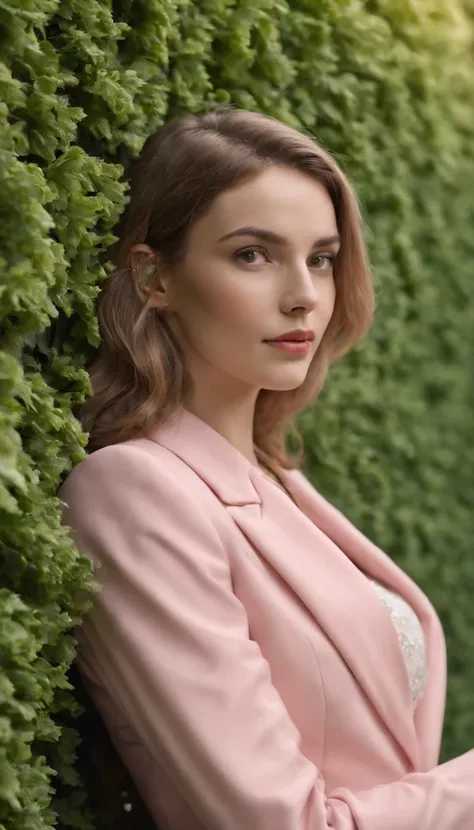 a woman in a pink suit who leans against a green wall, in the style of slumped/draped, bold fashion photography, stockphoto, nikolay makovsky, asymmetric balance, orange, two dimensional,medium shot