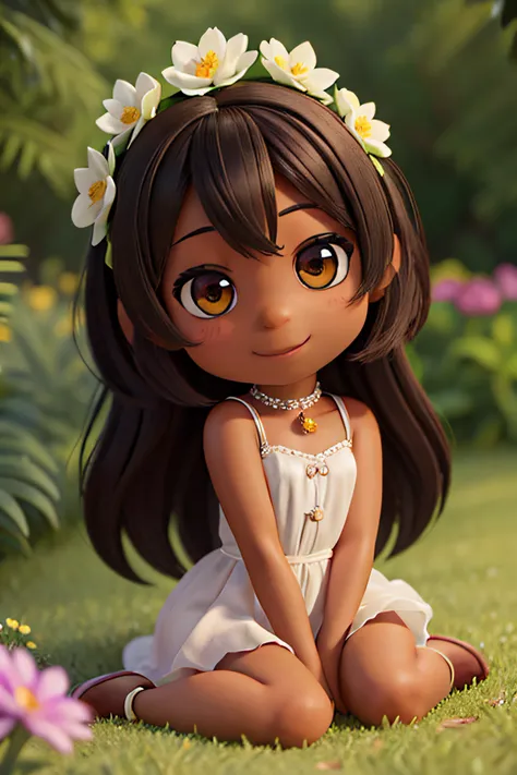 chibi 1 African children dark brown skin:3, cute smile, sitting ((full body))) "various emotions" realistic shadows, sparkling eyes, detailed skin, slightly shiny greenish brown eyes, pose for photo, long curly black hair, flowers in hair, rapunzel style, ...