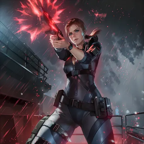 Hot terrified Sci fi Amy Adams with slick hair with pony tail holding a sci fi pistol on Ishimura Horror Space Ship photography, natural light, photorealism, cinematic rendering, ray tracing, the highest quality, the highest detail, Cinematic, Third-Person...